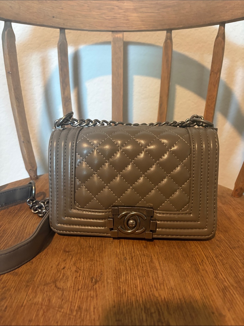 CHANEL Quilted Leather Boy Bag in Taupe Gray